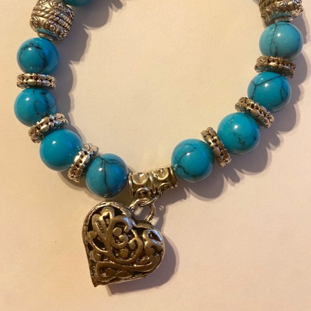 Custom Made Silver Turquoise Stretch Bracelet Heart & Round Shape Stones